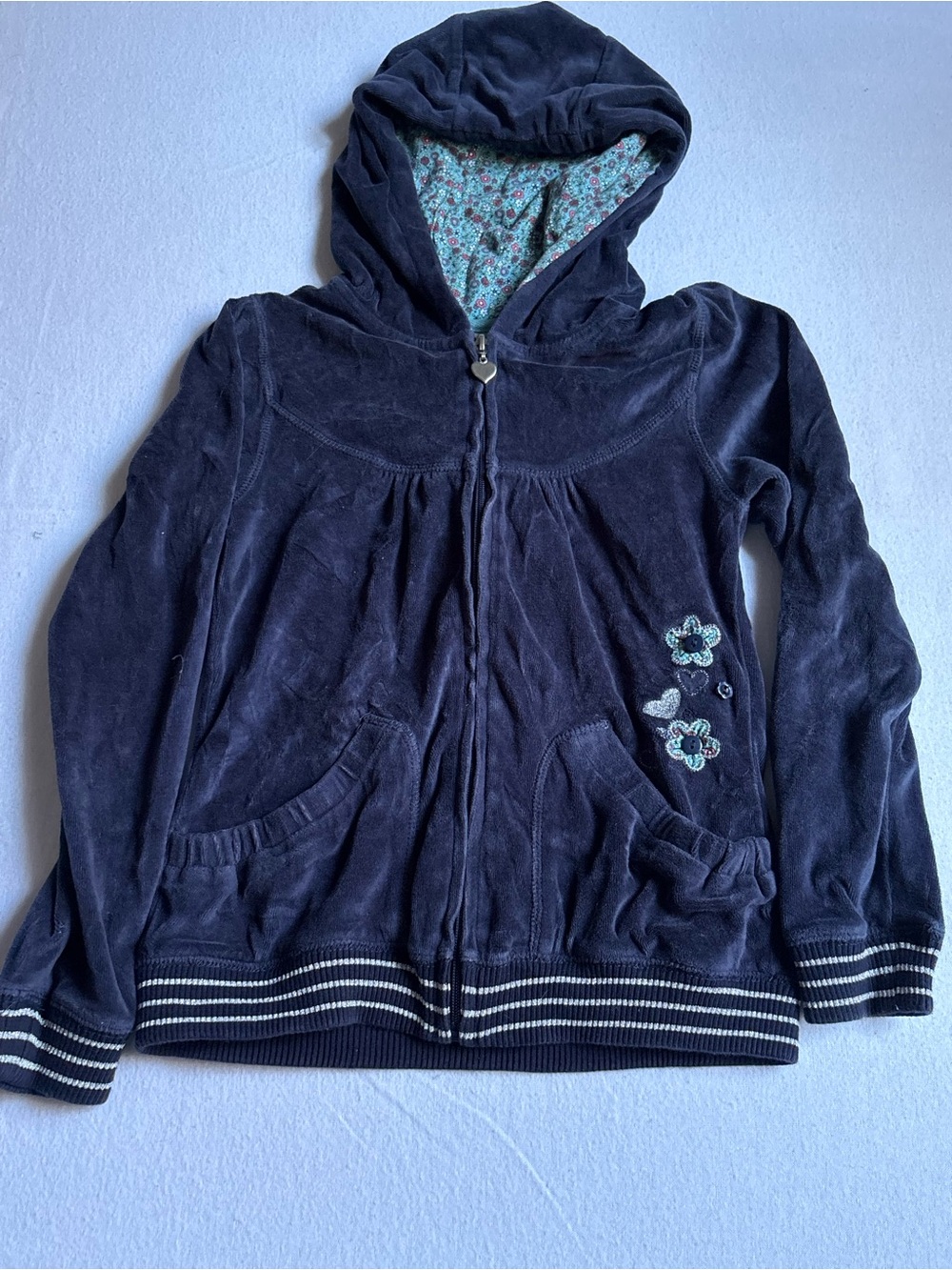 pumpkin patch Navy Hooded Zip Jacket with Floral Embroidery